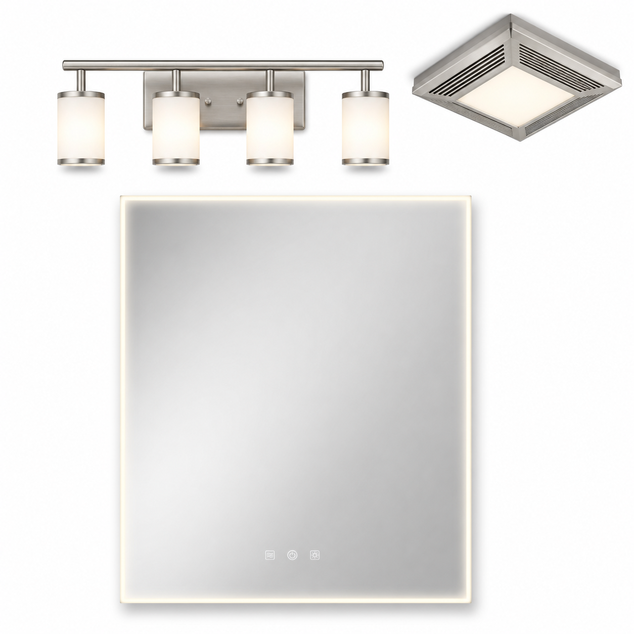 Bathroom Vanity Light Bar + Exhaust Fan + LED Mirror (3-Piece Lighting Package)